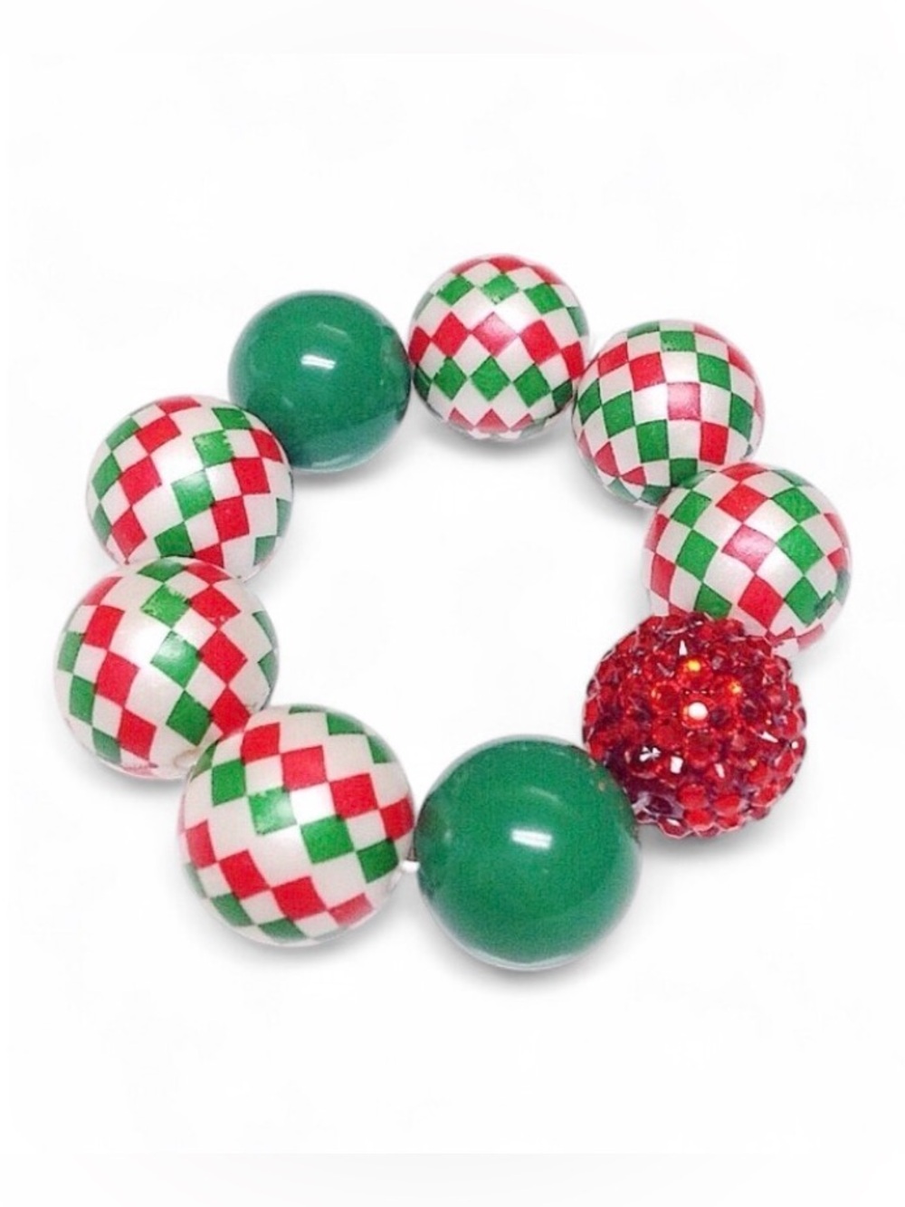 Handmade Christmas Holiday Harlequin Red Green White Bead Stretch Bracelet